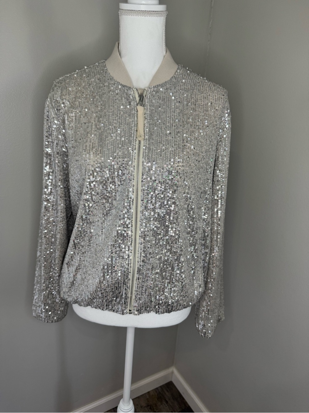 LOFT Silver Sequin Bomber Jacket